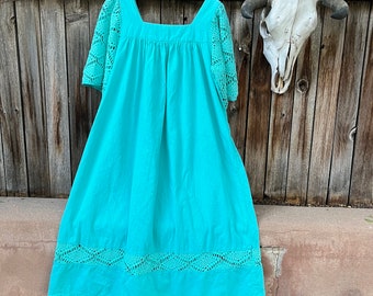80s Vintage Turquoise Kaftan Dress with Stylized Cutout Sleeves By Two Potato Laguna Beach, CA L/XL/ Plus Size