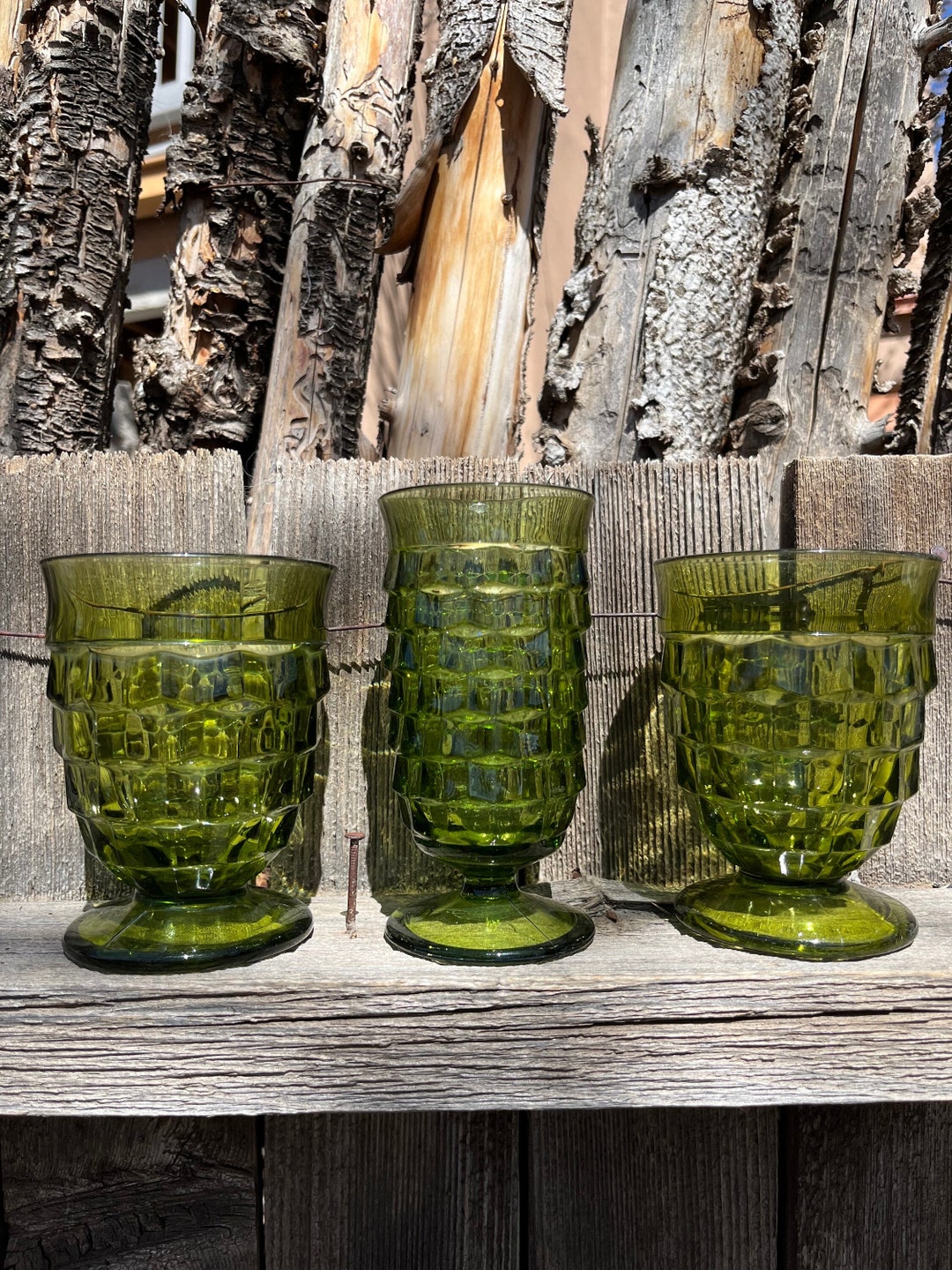 50s Vintage Green Indiana Diamond Point Glasses Set of Three Wine Goblets Emerald Green