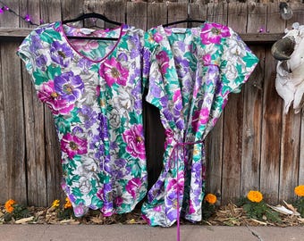 Vintage 80s California Miss Peignoir Set | Colorful Floral Nightgown & Robe Medium