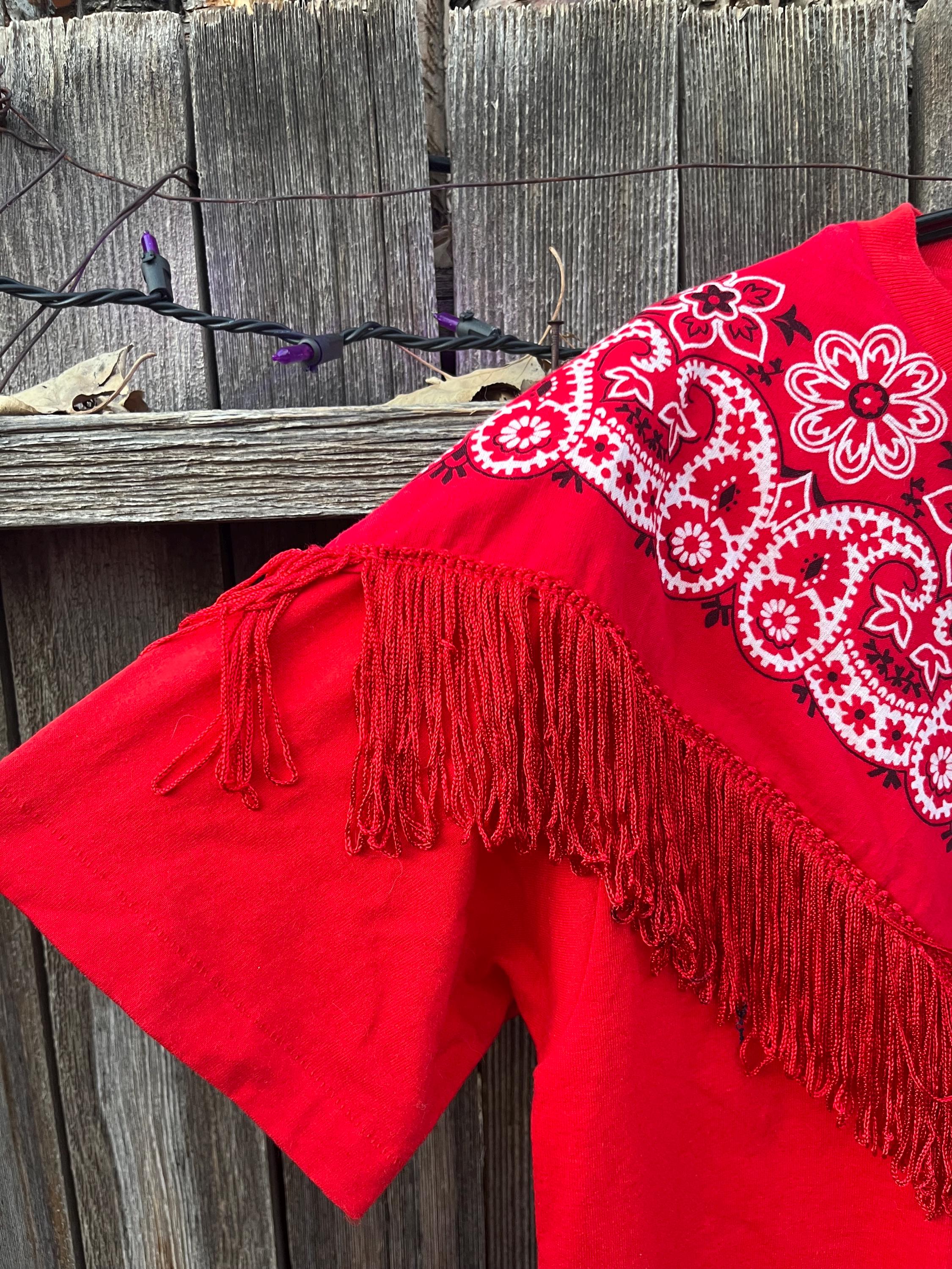 Vintage 90s Red Bandana Fringe T-shirt M/L | Hanes Western Rodeo