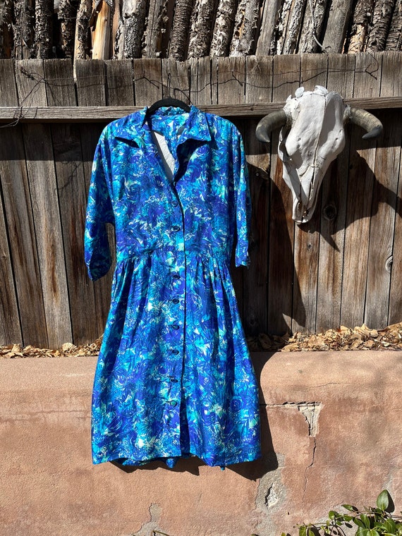 60s Vintage Blue Floral Day Dress Plus Size XL/XXL