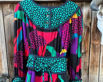 Vintage 1980s Jeanne Marc Designer Dress Long Sleeve Novelty