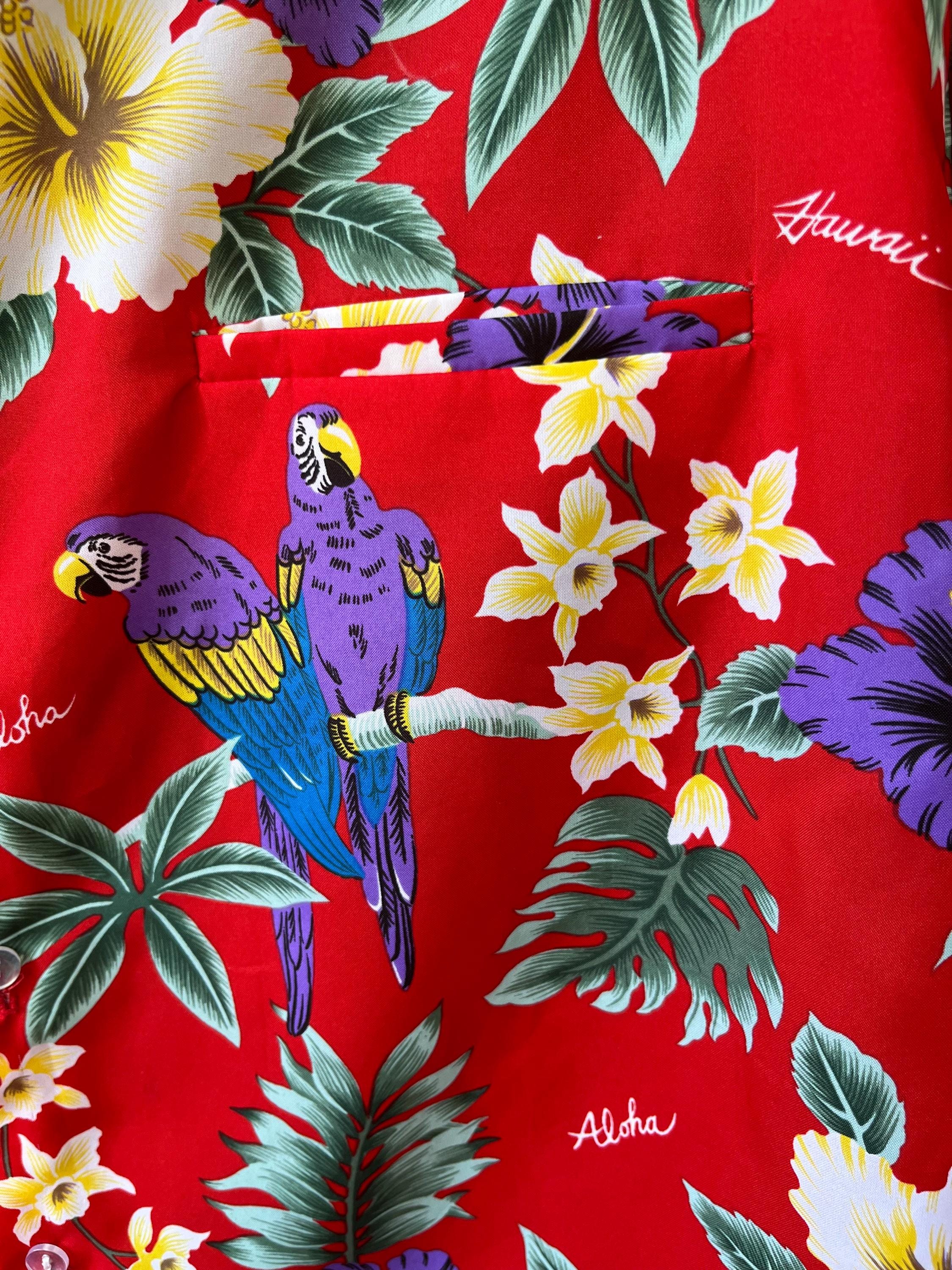 80s Red Hawaiian Shirt | Vintage Parrot Print Button Down, 2XL - Etsy