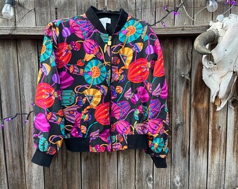 Vintage 80s Silk Bomber Jacket | Perfume Bottle Print, Petite