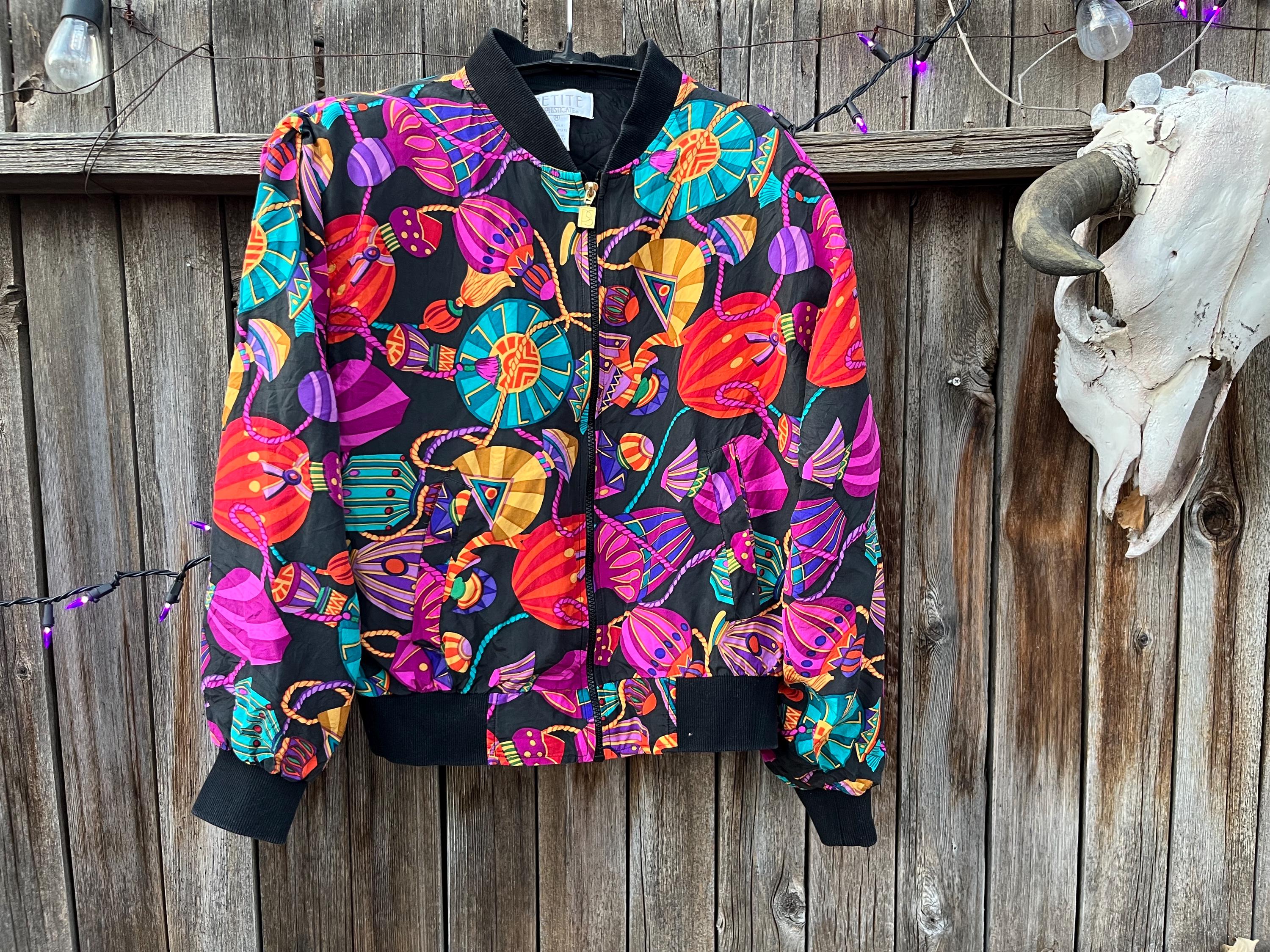 Vintage 80s Silk Bomber Jacket | Perfume Bottle Print, Petite