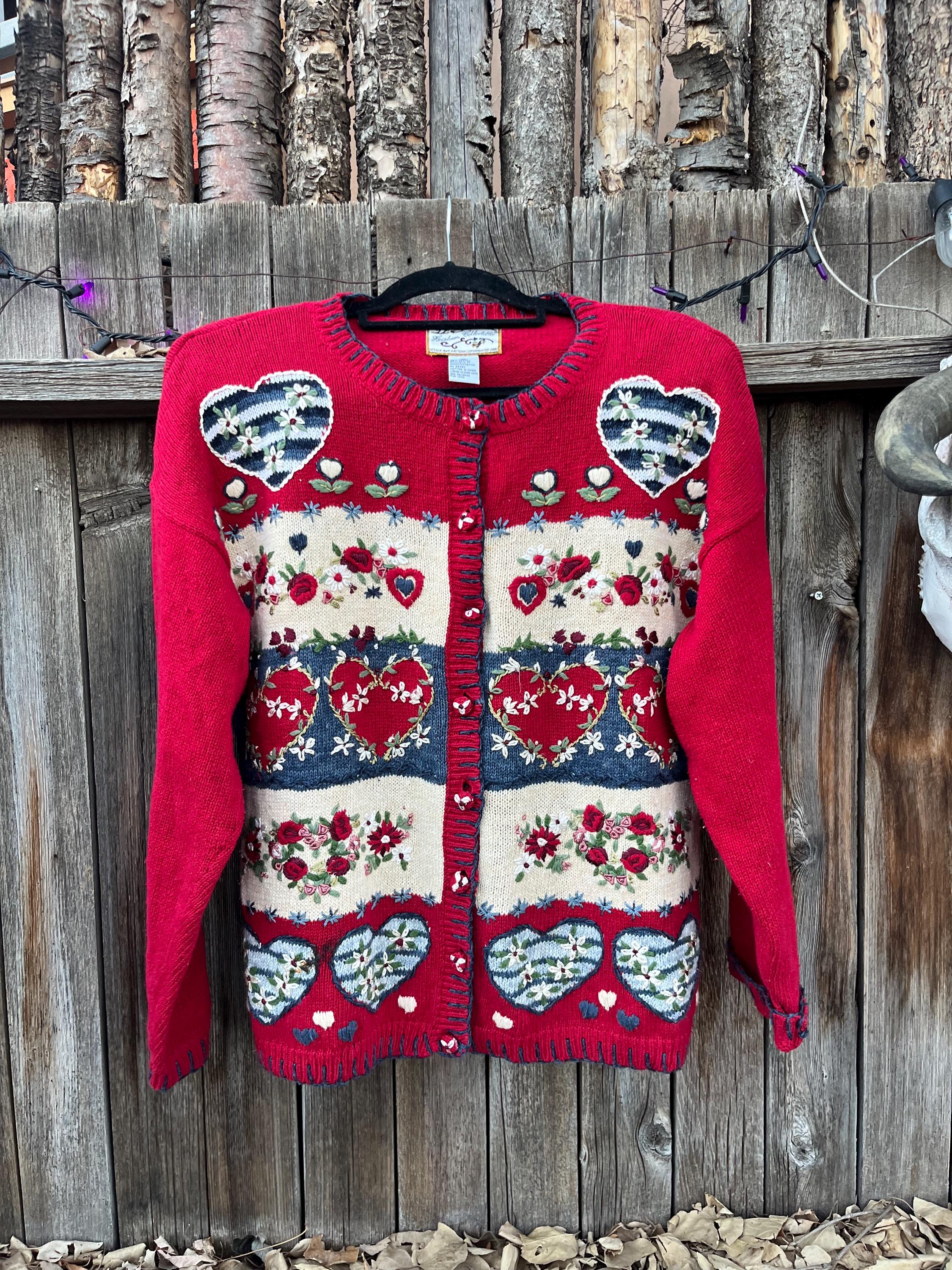 White Cardigan Red Hearts - Etsy
