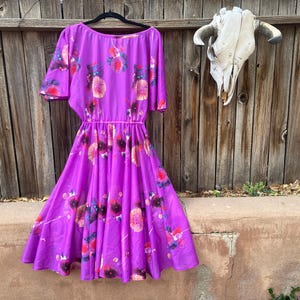 70s Vintage Purple Floral Boho Dress | La Galla California M/L | Batwing Sleeves Summer Dress