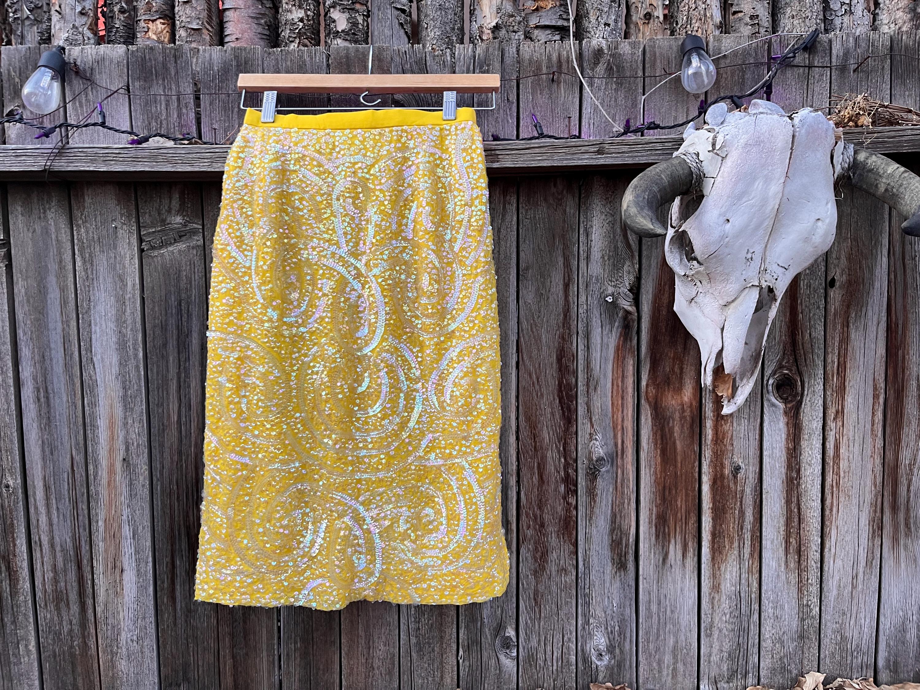 Vintage 60s Arbe Yellow Sequin Skirt | Iridescent Paisley Party Midi S/XS