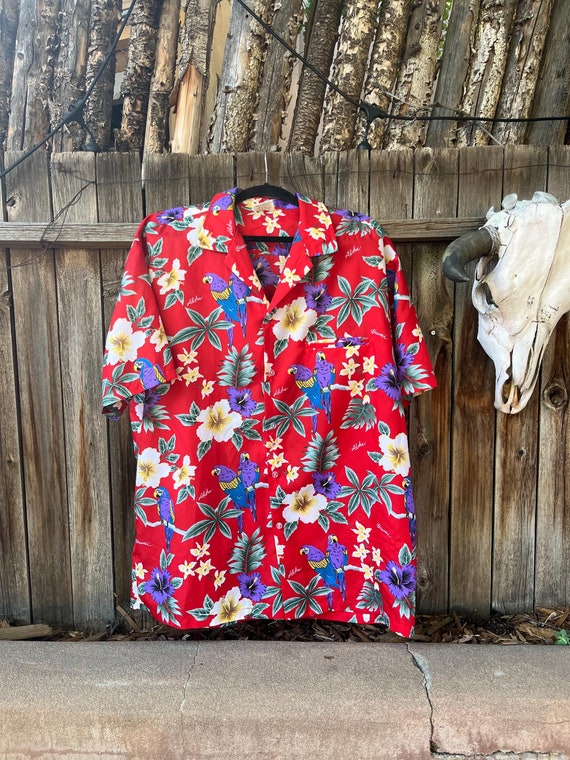 80s Red Hawaiian Button Down Shirt Magnum PI Vibes Parrots and Tropical Novelty Print Summer Shirt by Kalena Fashions of Hawaii 2XL Etsy