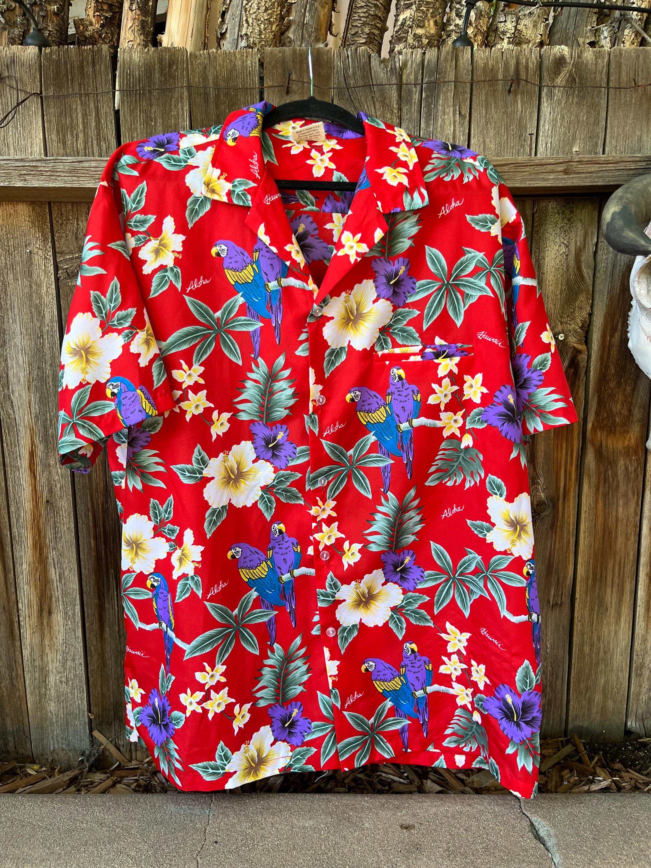 80s Red Hawaiian Shirt | Vintage Parrot Print Button Down, 2XL - Etsy
