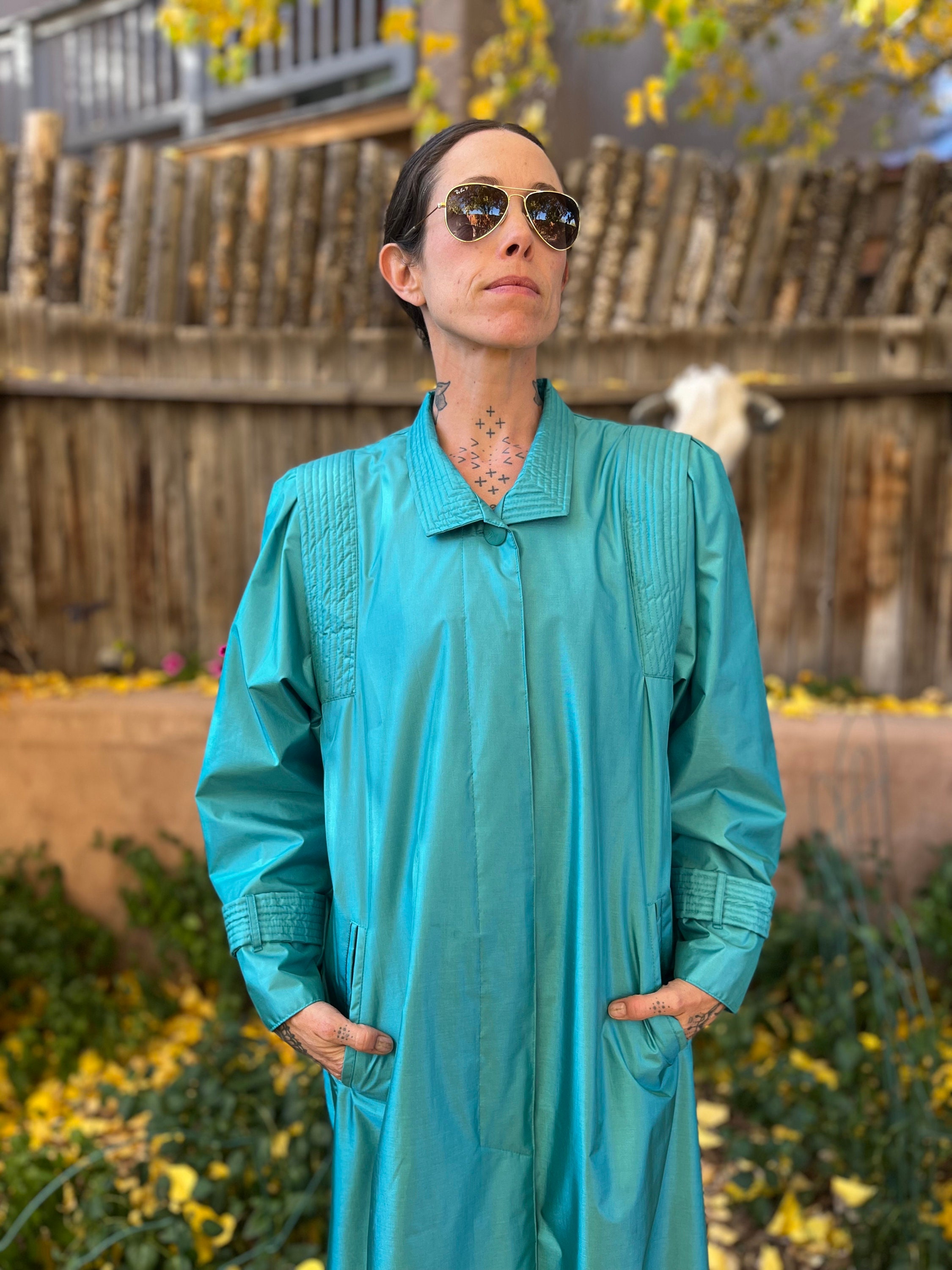 Vintage 80s Turquoise Trench Raincoat - Cambridge Grannycore Vintage 80s Turquoise Trench Raincoat - Cambridge Grannycore