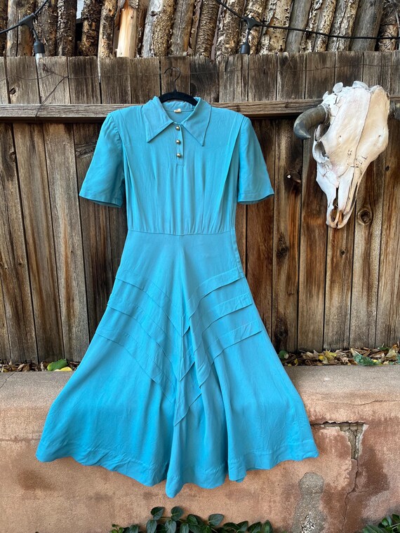 Vintage 1940s Blue Swing Dress | Classic Chevron Striped Skirt Retro Style S/XS