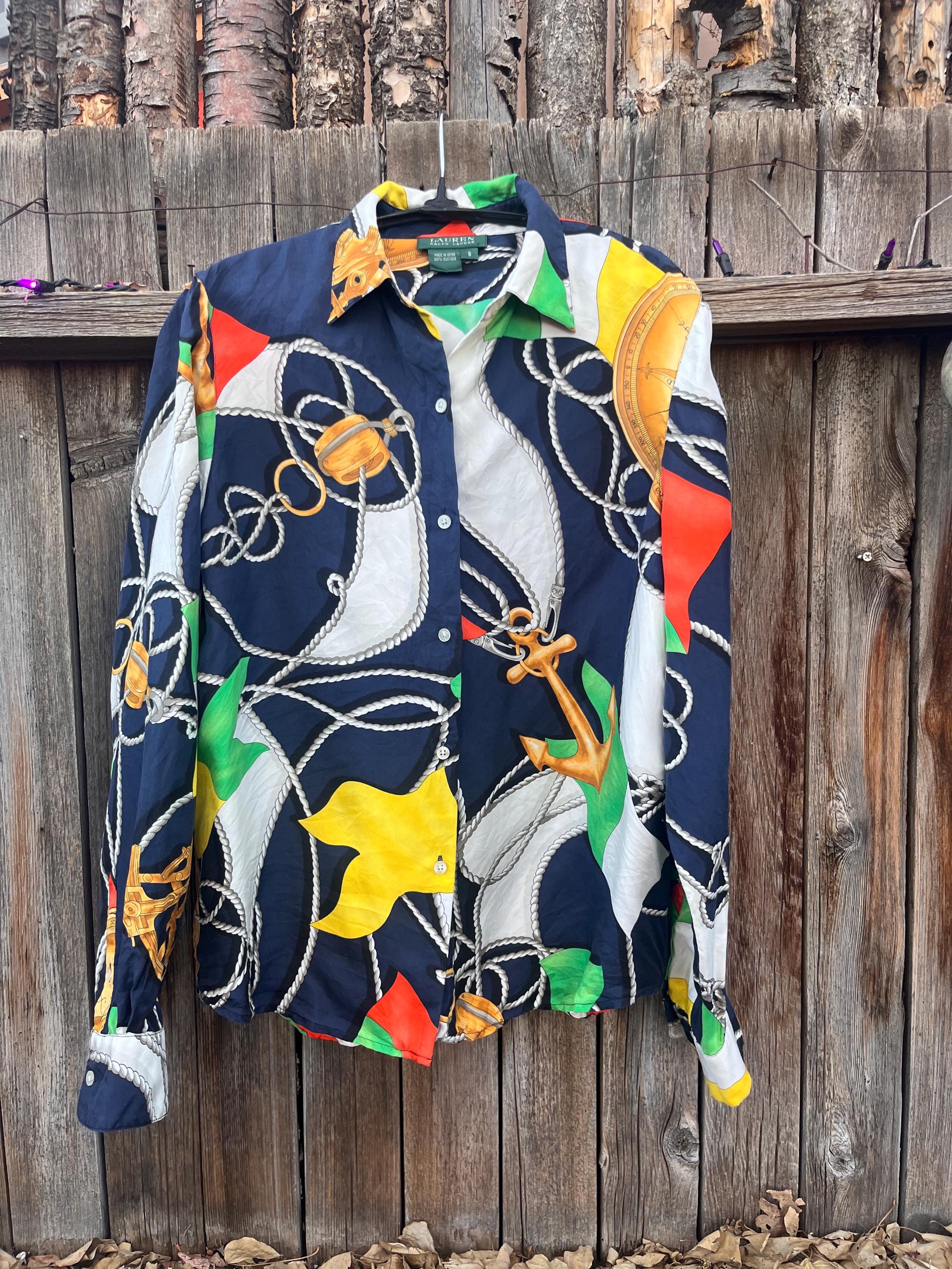 90s Ralph Lauren Silk Blouse | Nautical Novelty Anchor Print Navy