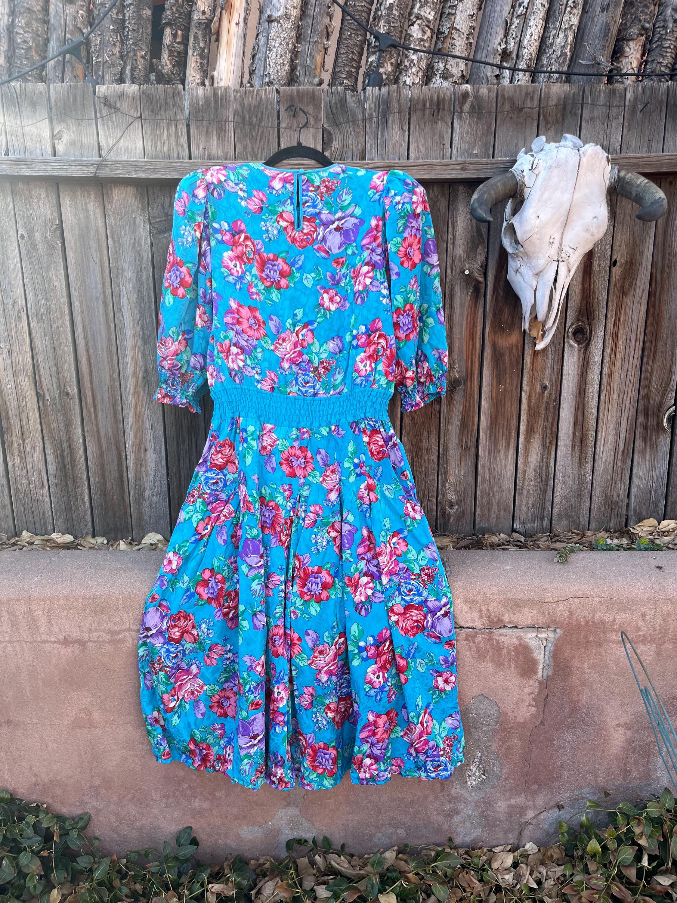 Diane Freis シルク100% スパンコール　ドレスL〜LL 80s Diane Freis Silk Dress | Turquoise Floral Blouson, M/L - Etsy