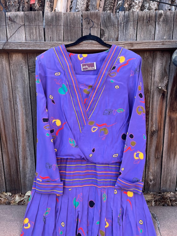 Vintage 80s Does 20s Purple Novelty Print Dress | Mod Apples
