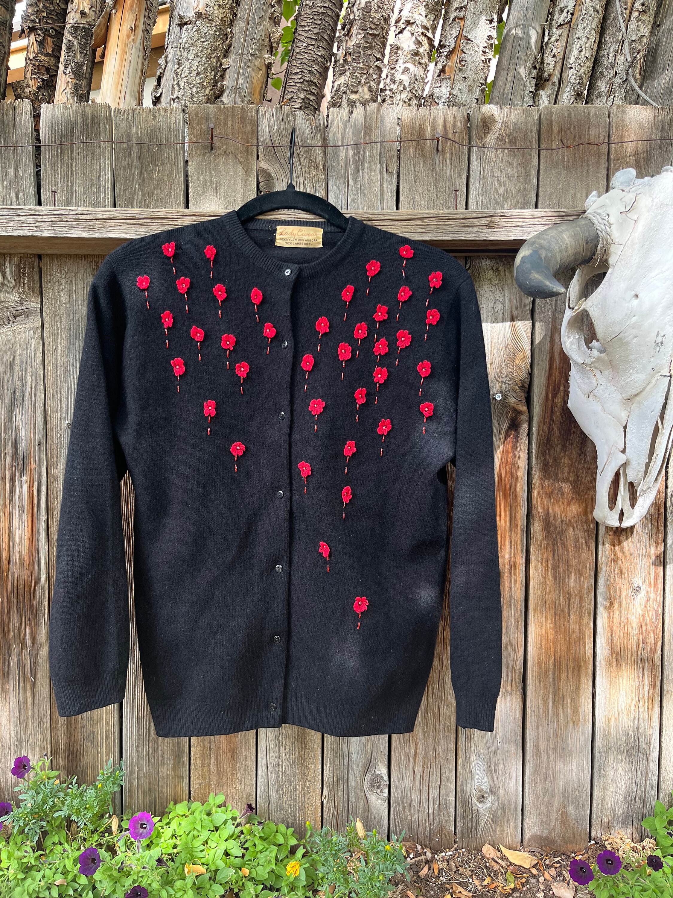 Vintage 50s Wool Cardigan: Black & Red Floral Embroidered Angora