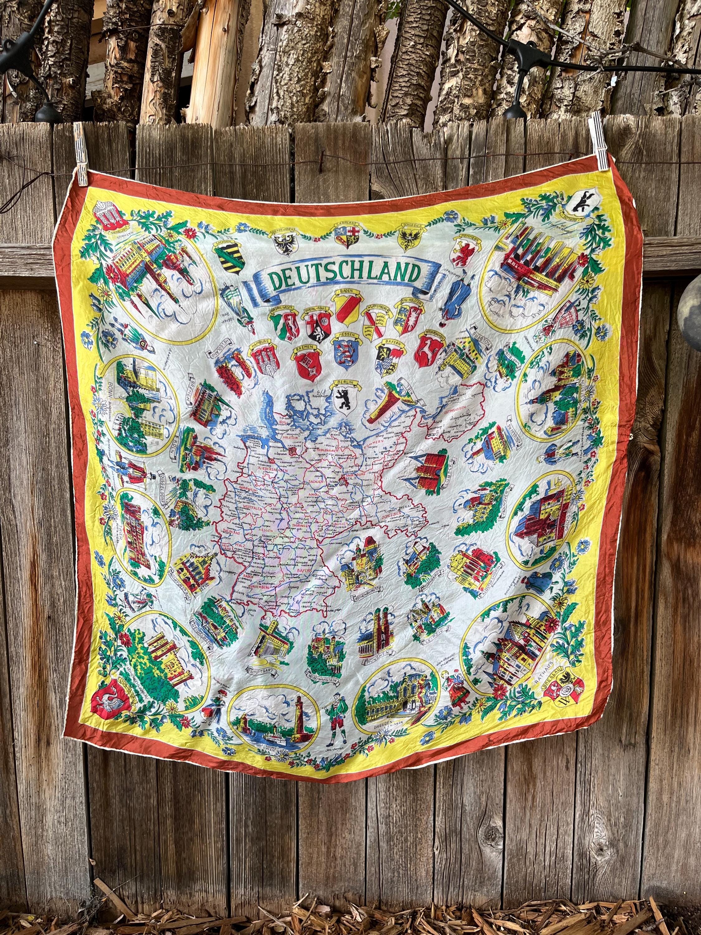 Vintage 60s Deutschland Souvenir Scarf | Cold War German Map Silk