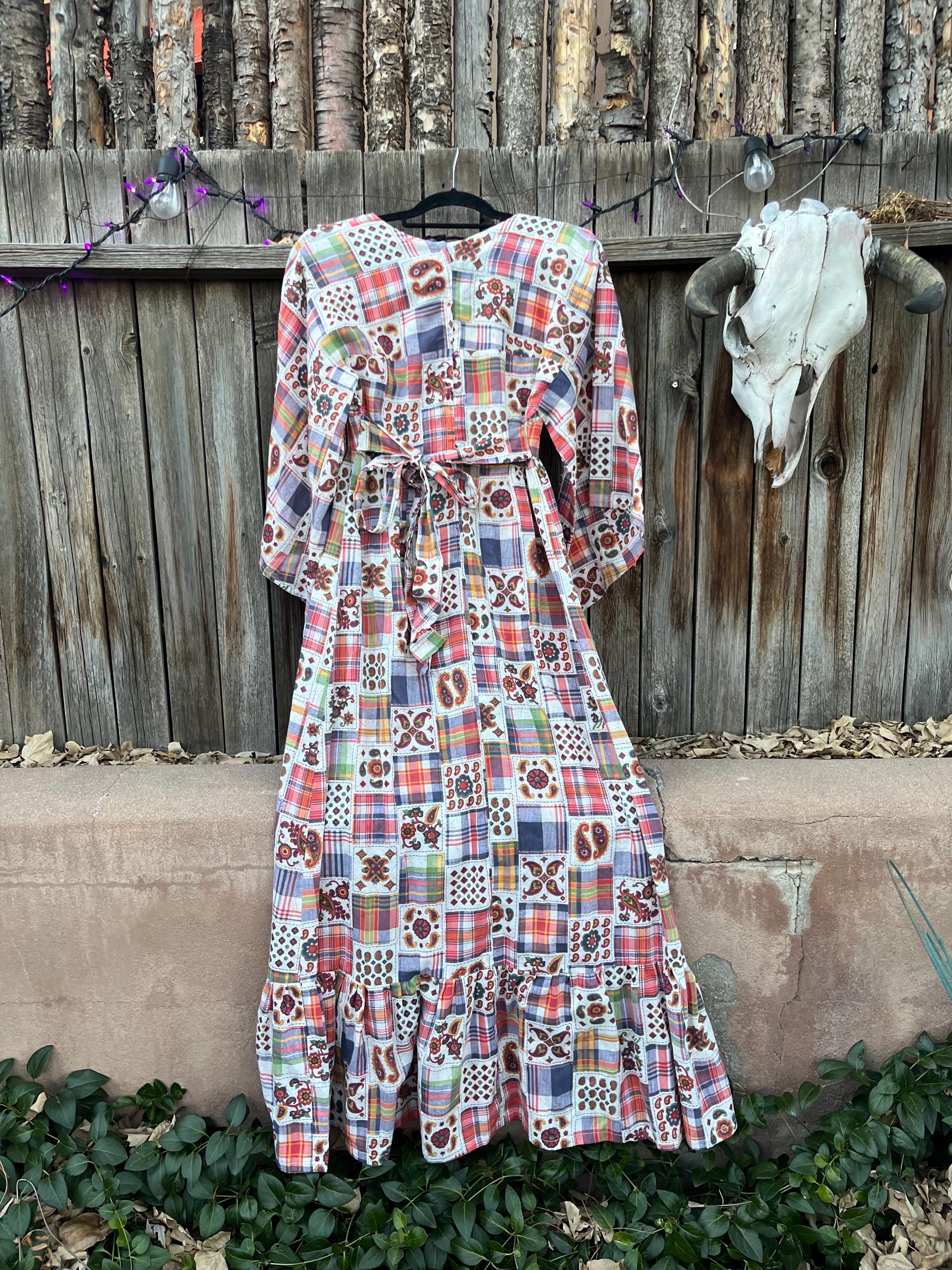 Vintage 70s Patchwork Maxi Dress | Cottagecore Plaid & Floral Bell