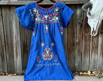 Vintage Embroidered Mexican Dress | Blue Boho Folk Dress with Floral Bird Motifs, XS/S