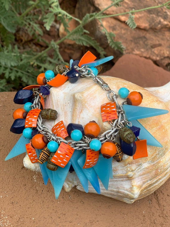 1960s Lucite Charm Bracelet, Vintage Orange & Blue Statement