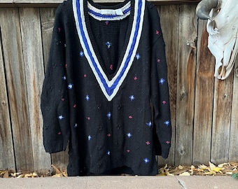 80s Vintage V-Neck Sweater Dress by Liz Claiborne | Preppy Oversized Pullover L/XL