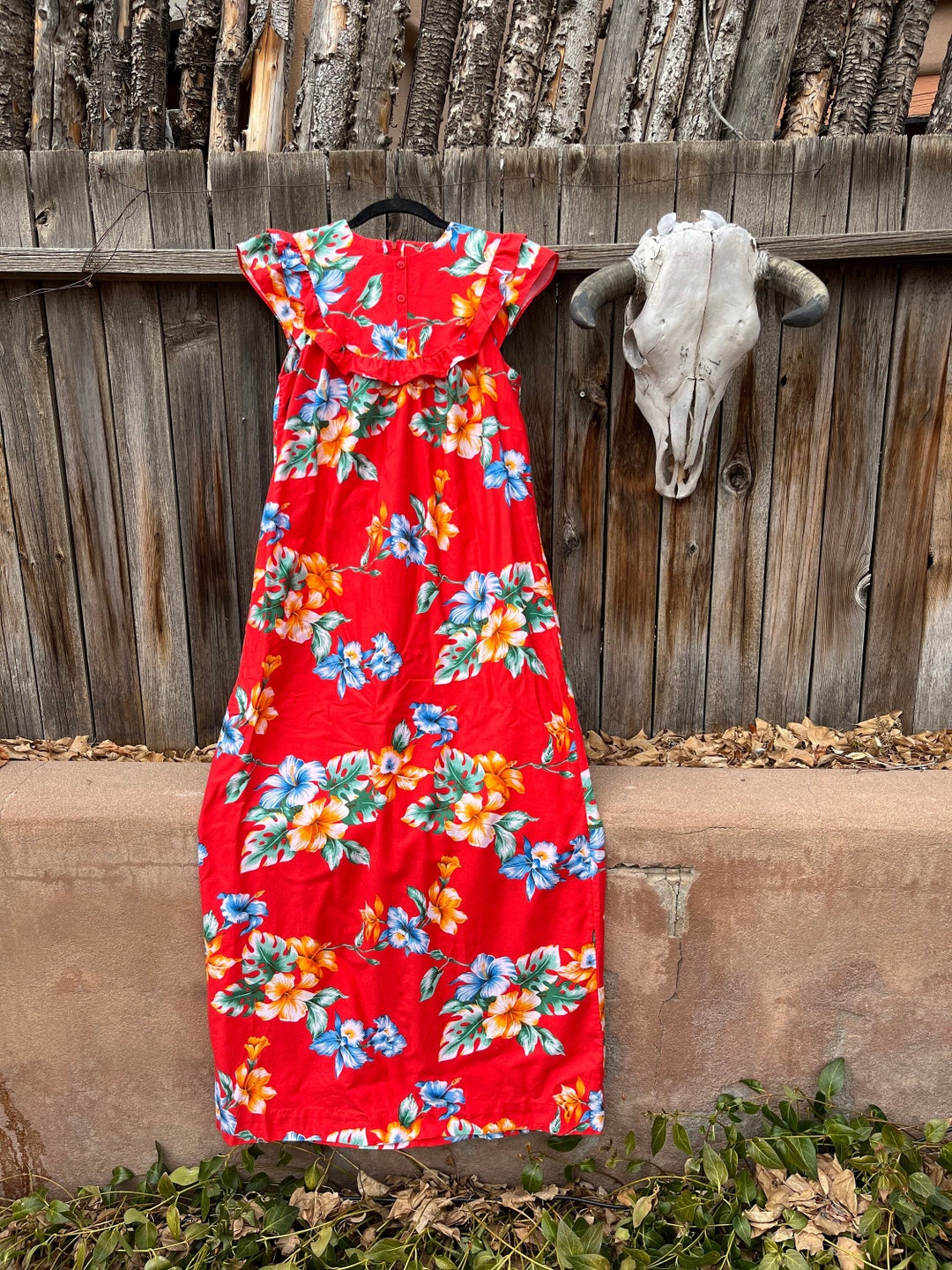 80s Vintage Hilo Hattie's Hawaii Red Tropical Maxi Dress M/L Size