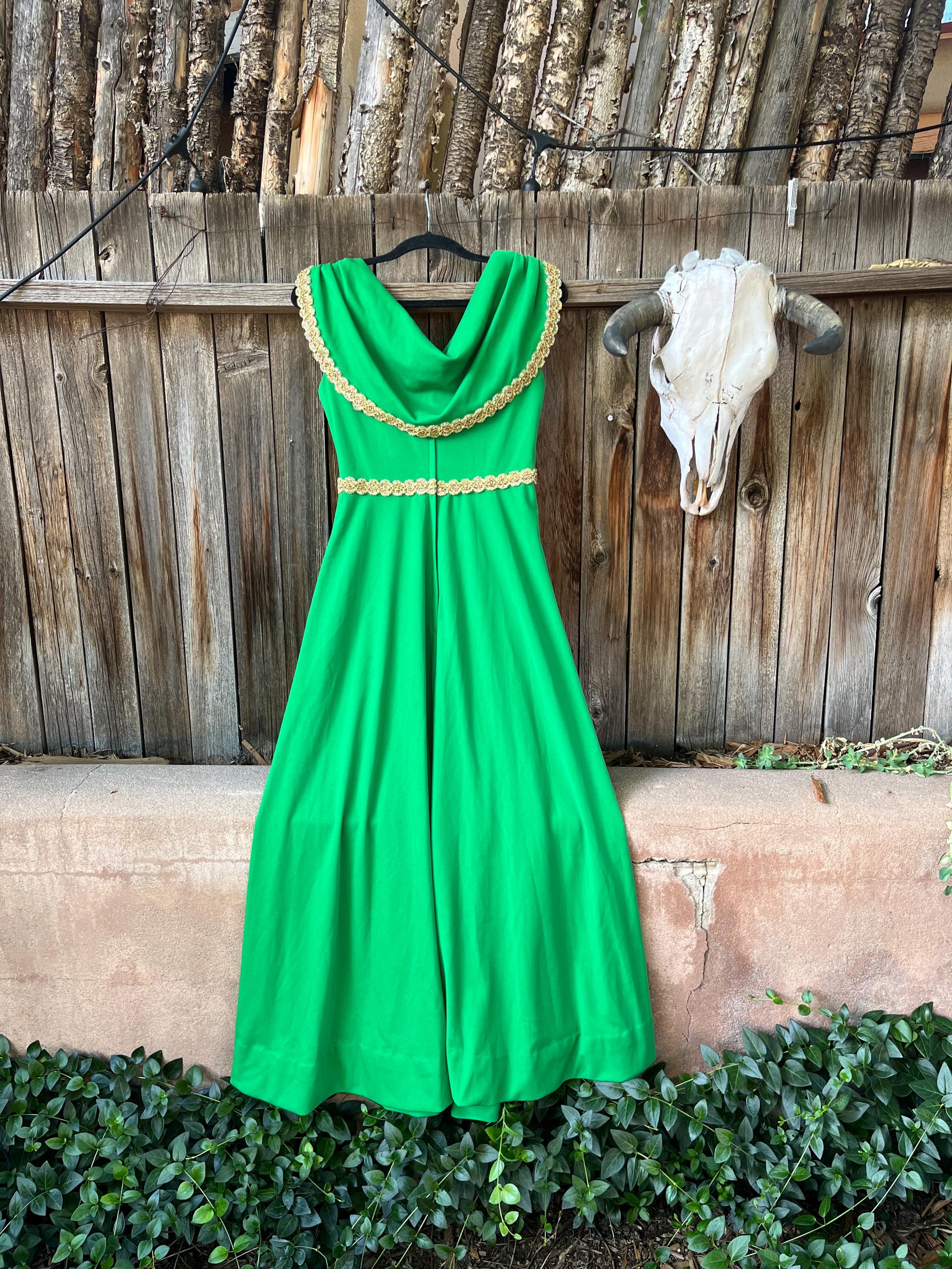 70s Vintage Green Maxi Dress | Disco Glam Gold Accent Party Dress, S/M