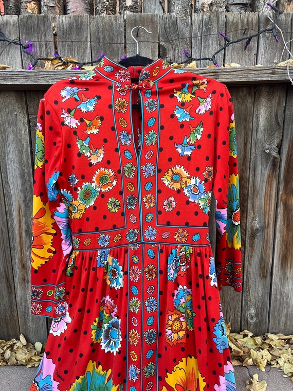 Vintage 70s Red Floral Polka Dot Dress | Maurice Mandarin Collar