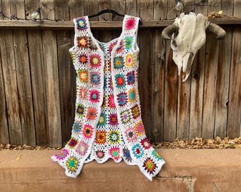 Handmade Granny Square Vest | 70s Style Crochet Tunic | Boho Festival Long Top