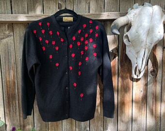 Vintage 50s Wool Cardigan: Black & Red Floral Embroidered Angora Blend M/L