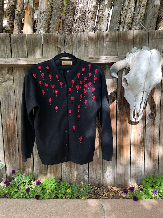 Vintage 50s Wool Cardigan: Black & Red Floral Embroidered Angora
