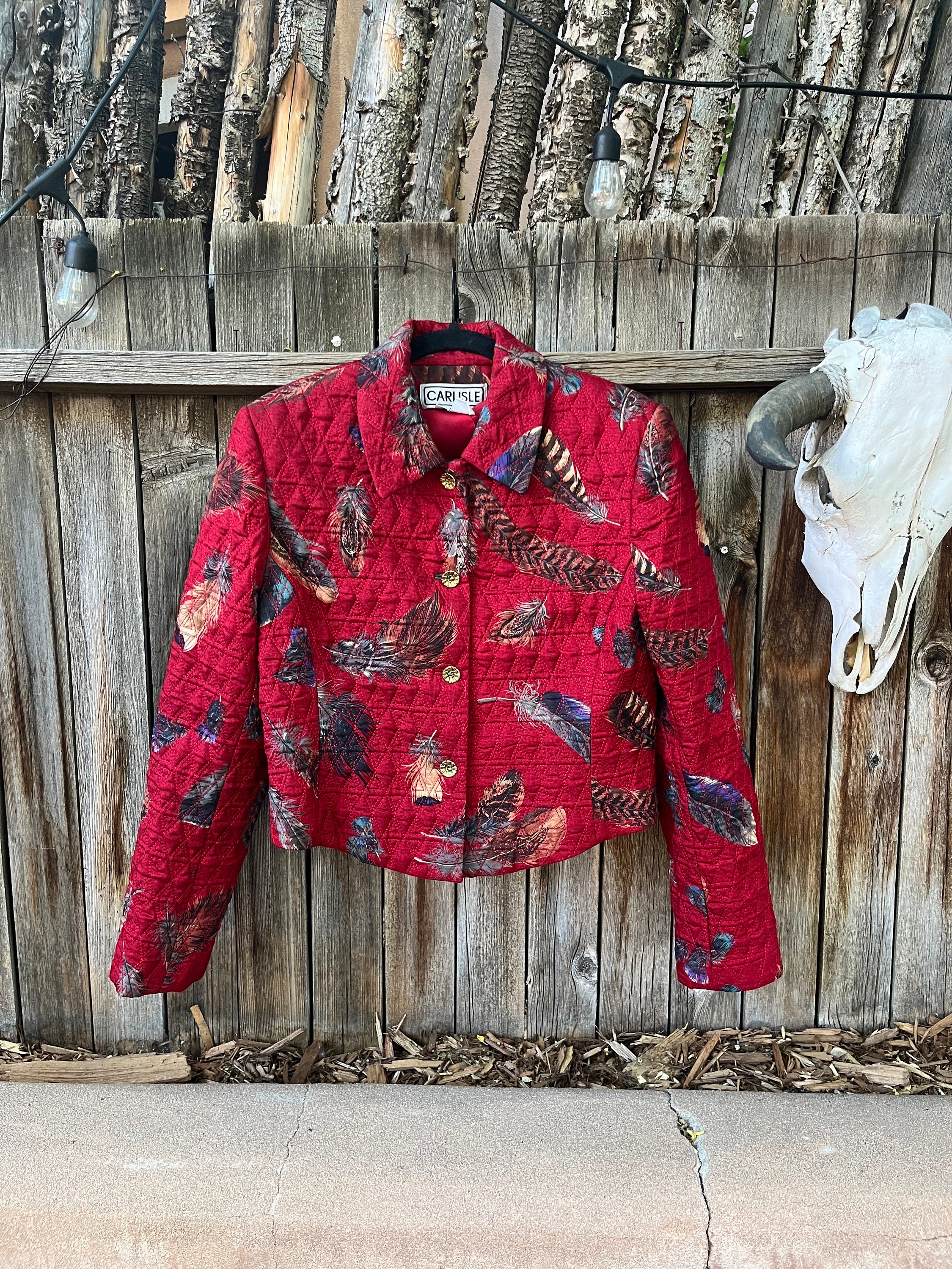 ジャケット・アウター Ameri Vintage UND FEATHER LIKE BOLERO 80s Vintage Silk Feather Bolero Jacket – Novelty Print, Unisex M/L