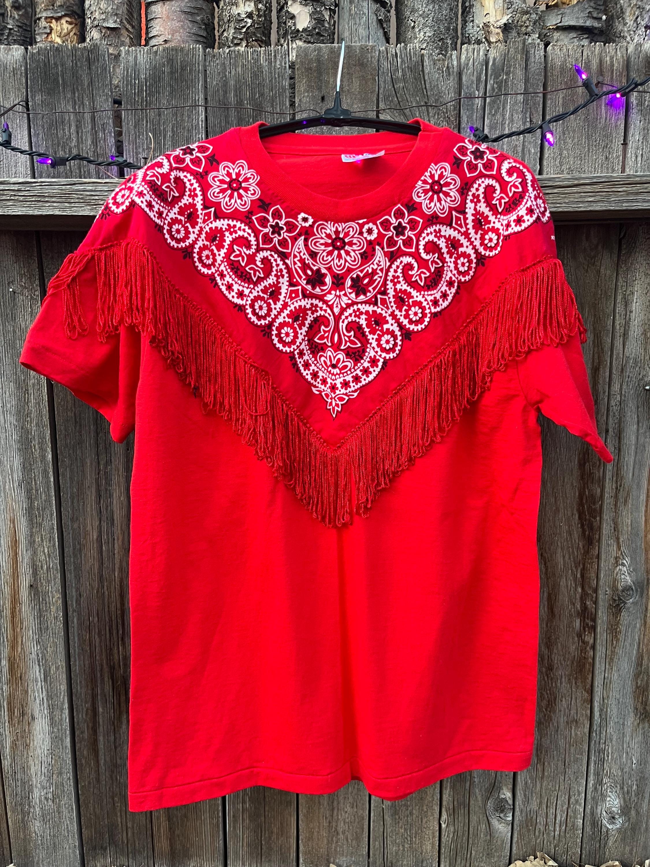 Vintage 90s Red Bandana Fringe T-shirt M/L | Hanes Western Rodeo