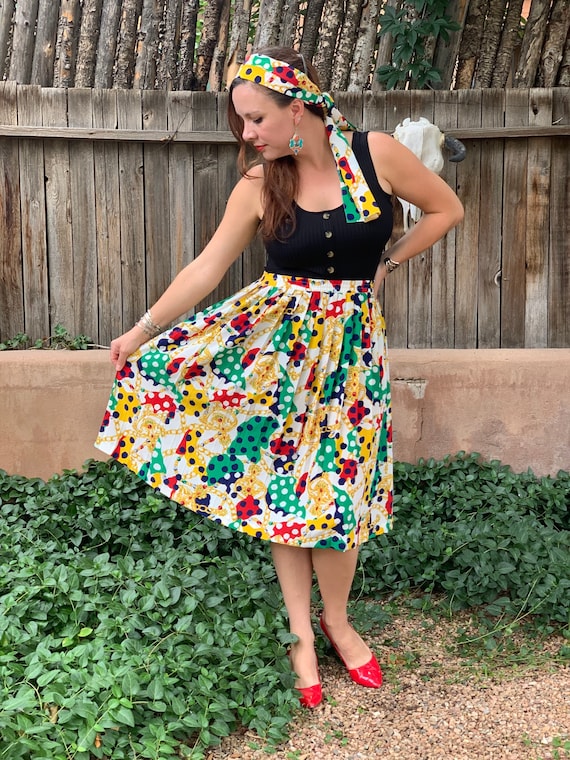 80s Vintage Polka Dot and Jewels Pleated Skirt With Matching Scarf by Andrea Gayle of Leslie Fay Vintage M L Etsy UK