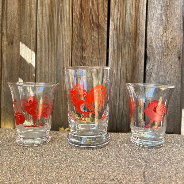 Libby Red Rooster Vintage Set of Chicken Juice Glasses Red Rooster and Cherry Cups