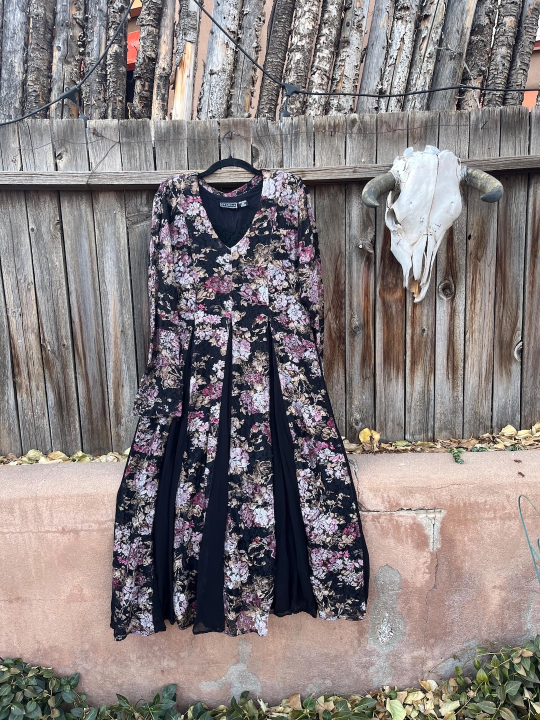 90s Vintage Lace Floral Boho Goth Midi Dress by Starina - Romantic Grunge Style