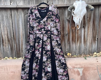 90s Vintage Lace Floral Boho Goth Midi Dress by Starina – Romantic Grunge Style