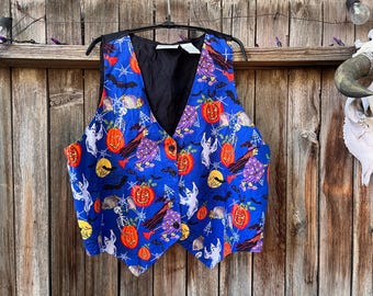 Vintage 90s Basic Editions Halloween Vest - Blue Witch Print Top XL/Plus Size