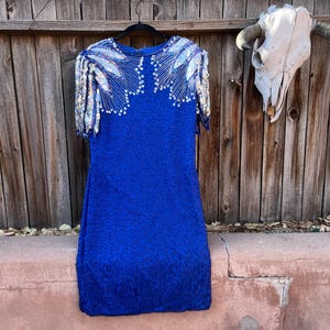 80s Glam Vintage Beaded Dress by Scala | Blue Silk Evening Dress M/L