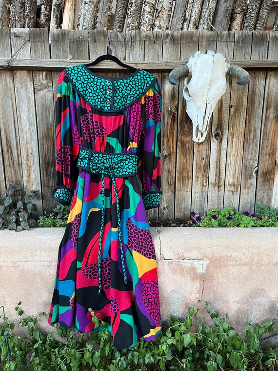 Vintage 1980s Jeanne Marc Designer Dress Long Sleeve Novelty Print 