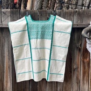 Vintage Oaxacan Cotxocon Huipil Blouse | Traditional Handwoven Mixe Green Embroidered Bird Design Top M/L