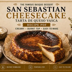 サン セバスティアン チーズケーキのレシピ PDF、焦げたバスク、タルタ デ ラ ヴィーナ (デジタル ダウンロード)