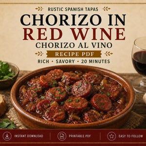 Spanish Chorizo in Red Wine Recipe (PDF Download), Easy Tapas, 20 Minute Meal