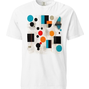 Unisex T-shirt, Abstract Art, Boho Style  - Unique AI design print, great stylish gift, bright and bold, lines, circles, dots and squares