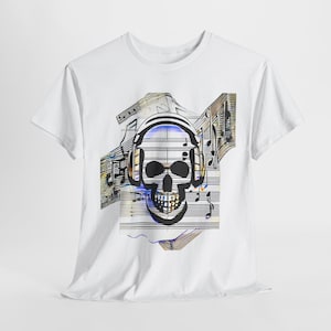 Modern Art T-Shirt, Skull & Headphones, T-shirt for musicians, Artists, Boho T-shirt, Skull T-shirt, Goth, Emo T-shirt in 100% Soft Cotton