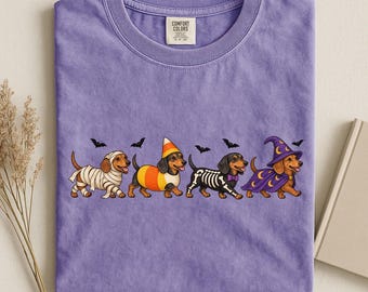 Halloween Dachshund Costumes Comfort Colors® Shirt, Cute Halloween Dogs Tee, Spooky Wiener Dog Graphic Tee