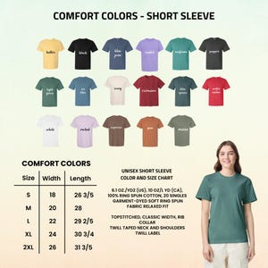 May include: A Comfort Colors short sleeve t-shirt in various colors, including butter, black, blue jean, and violet. The image includes a size chart with measurements in inches and a woman wearing a green shirt.