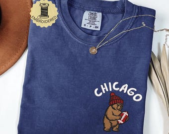 Comfort Colors® Embroidered Chicago Football Shirt, Game Day Bear Crewneck, Football Fan Sports Gift, Unisex Sweater For Men, Women