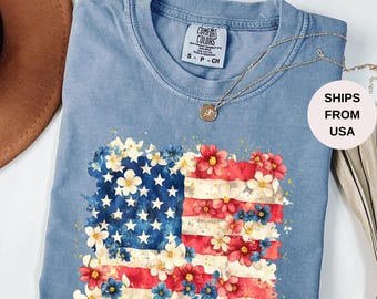 Comfort Colors Floral American Flag Shirt, 4th of July Shirt, Independence Day Shirt, Patriotic Shirt, USA Flag Shirt, Gift for Her