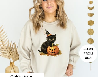 Vintage 90s Cat Halloween Sweatshirt, Retro Halloween Shirt, Spooky Season Tee, Pumpkin Shirt, Cat Lover Shirt, Black Cat, Spooky Season